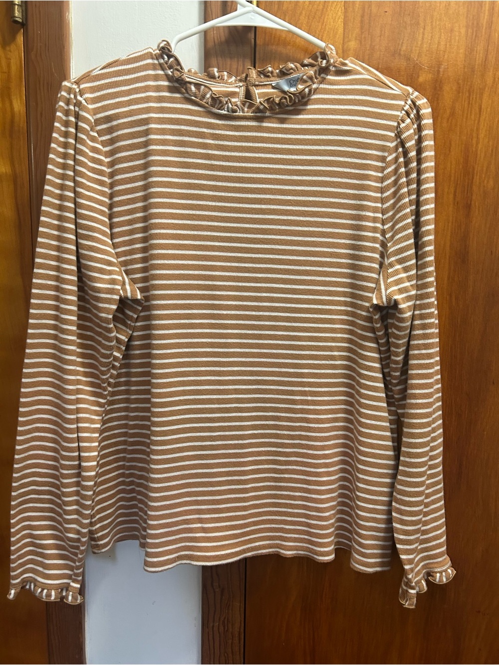Croft & barrow Tan and White Striped Ruffle Neck Long Sleeve Top